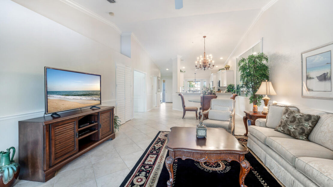 Bright living room with classic furniture and a TV.