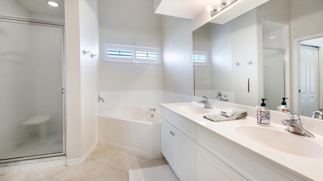 Bright bathroom with bathtub, shower, and double sink vanity.