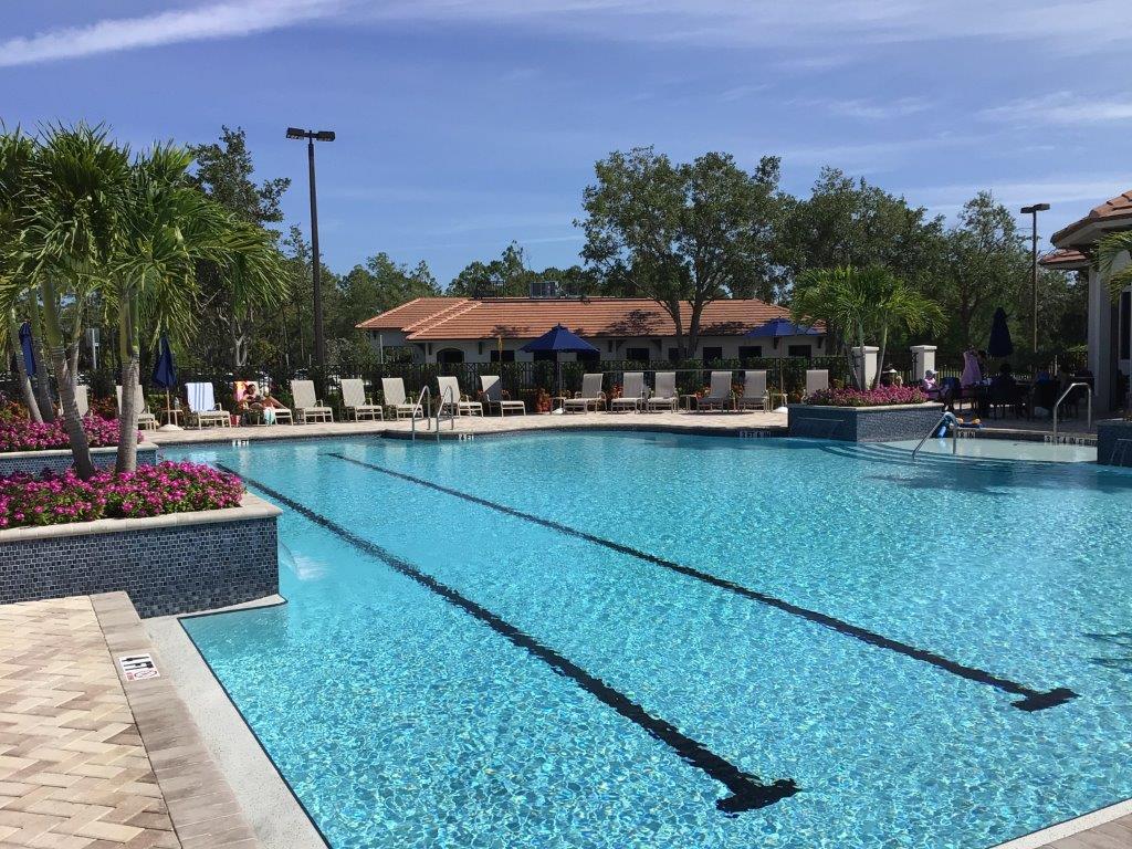 Outdoor swimming pool with lounge chairs and clear water on a sunny day.