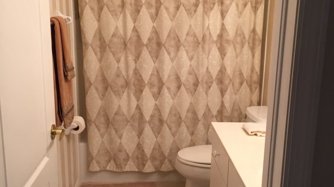 Small bathroom with patterned shower curtain and white fixtures.