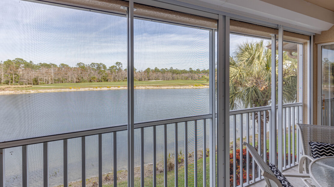 View of a peaceful lake from a screened balcony with a palm tree.