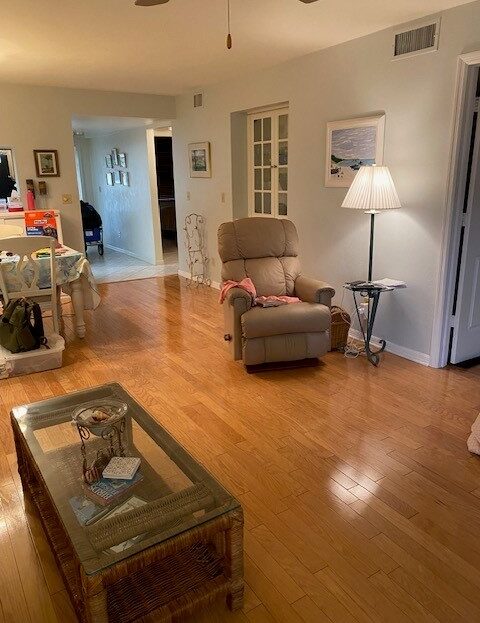 Cozy living room with plush chair and warm wooden floors.