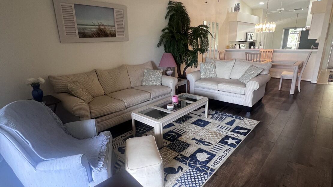 Bright living room with white and beige sofas and a patterned rug.