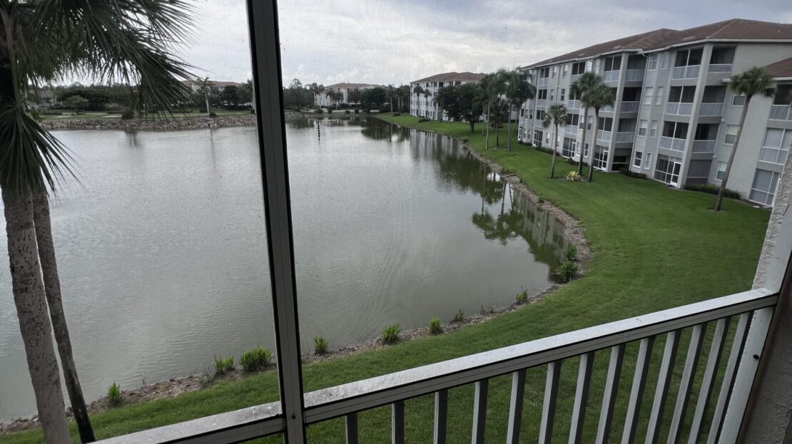 View of a peaceful pond and apartment buildings from a balcony.