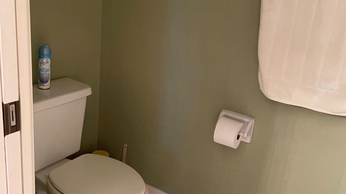 A clean, simple bathroom with a toilet and towel.