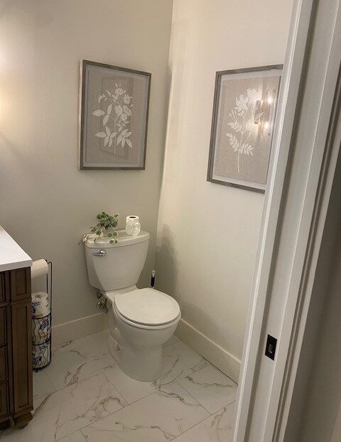 Small bathroom with a toilet and framed botanical prints.