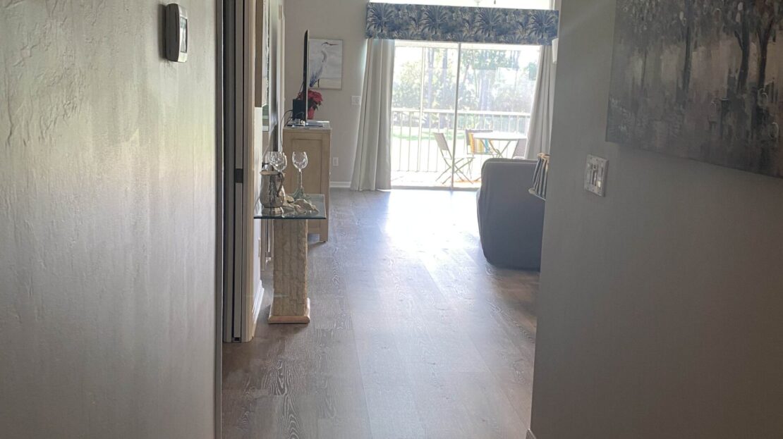 Modern hallway leading to a bright living area with large windows.