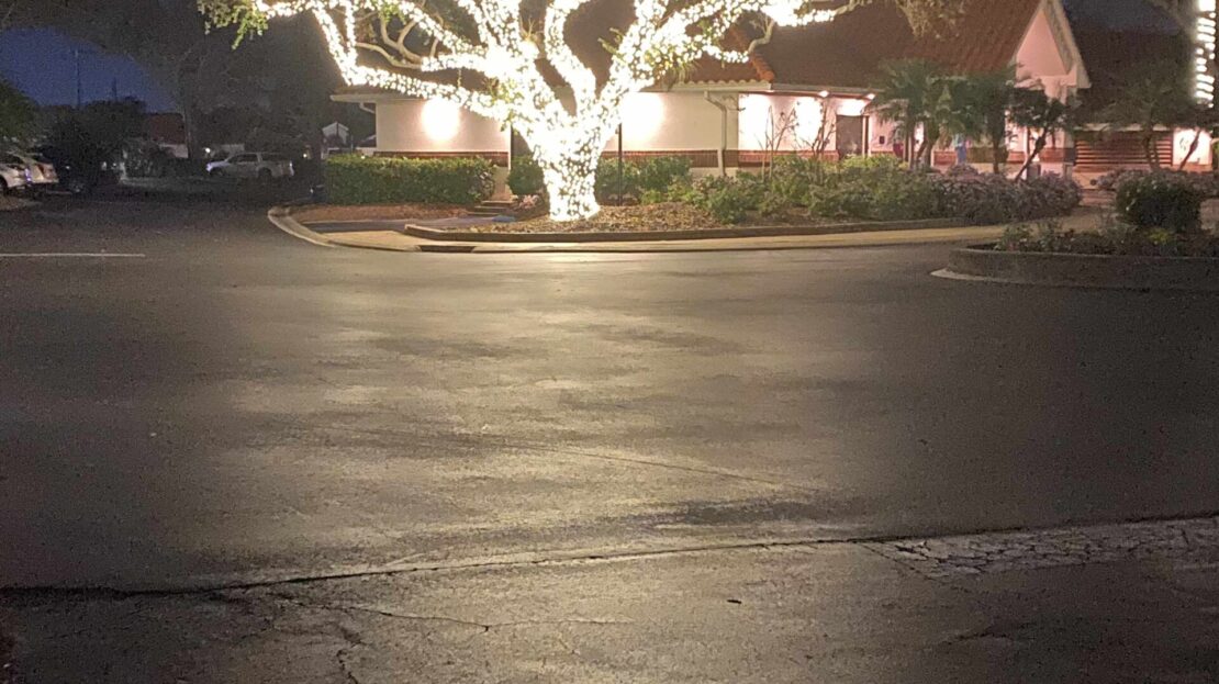 A house with bright white lights illuminating a large tree at night.