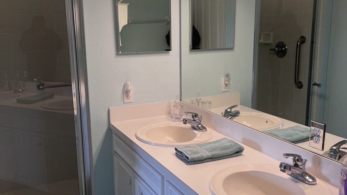 Modern bathroom with double sinks, mirrors, and a glass shower door.