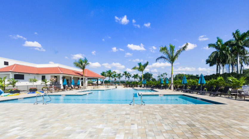 Sunny outdoor pool area with palm trees and lounge chairs under a blue sky.