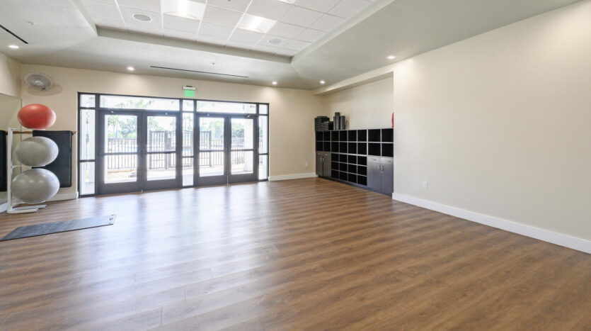 Bright empty room with wood flooring and black cube shelves near glass doors.